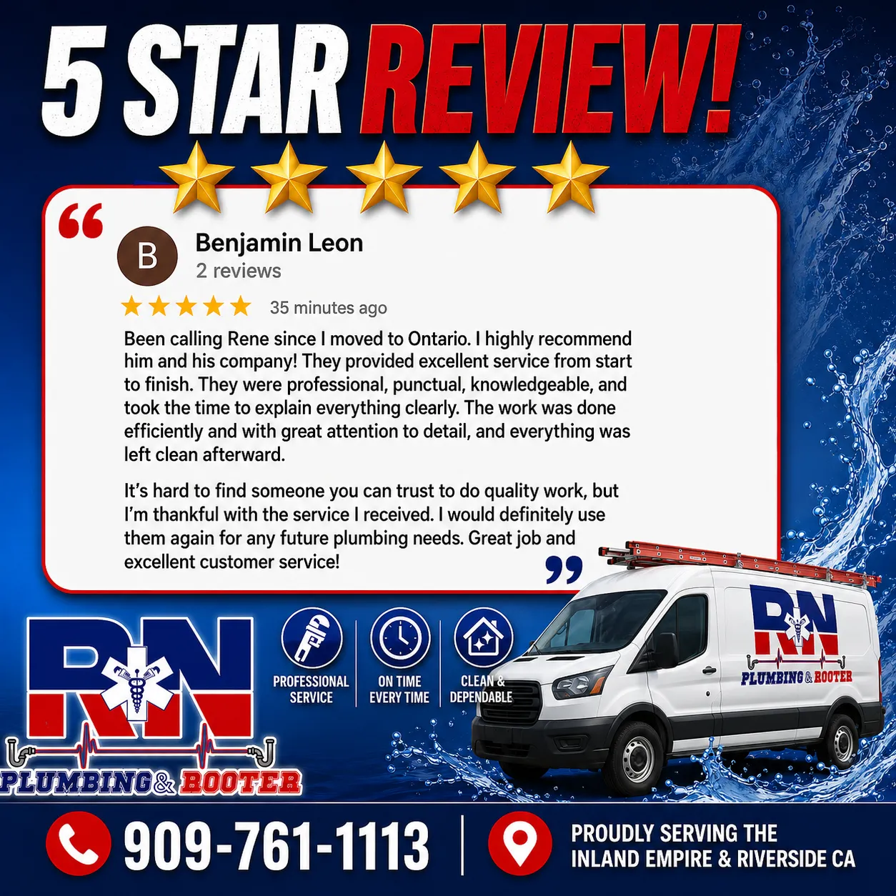 Another 5-Star Review for RN Plumbing and Rooter in Ontario CA image