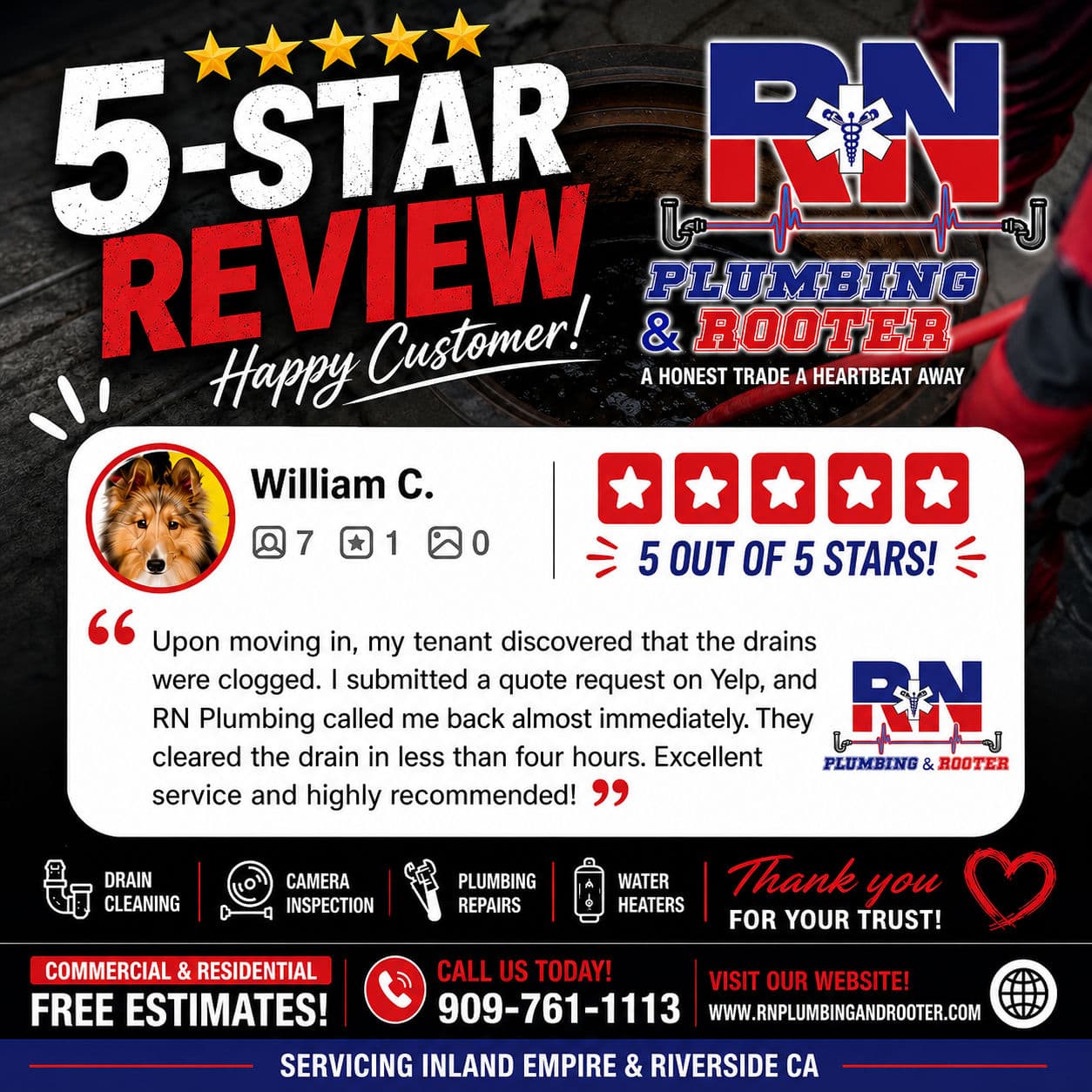 5-Star Drain Cleaning Review From a Happy San Bernardino Customer image
