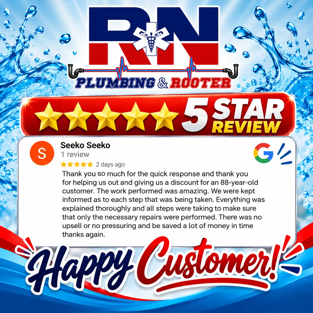 5-Star Feedback That Says It All - RN Plumbing and Rooter image